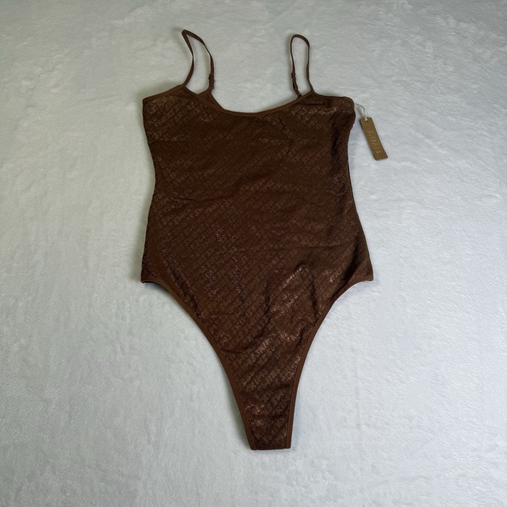 SKIMS‎ Logo Mesh Foil Cami Bodysuit in Brown XS NWT